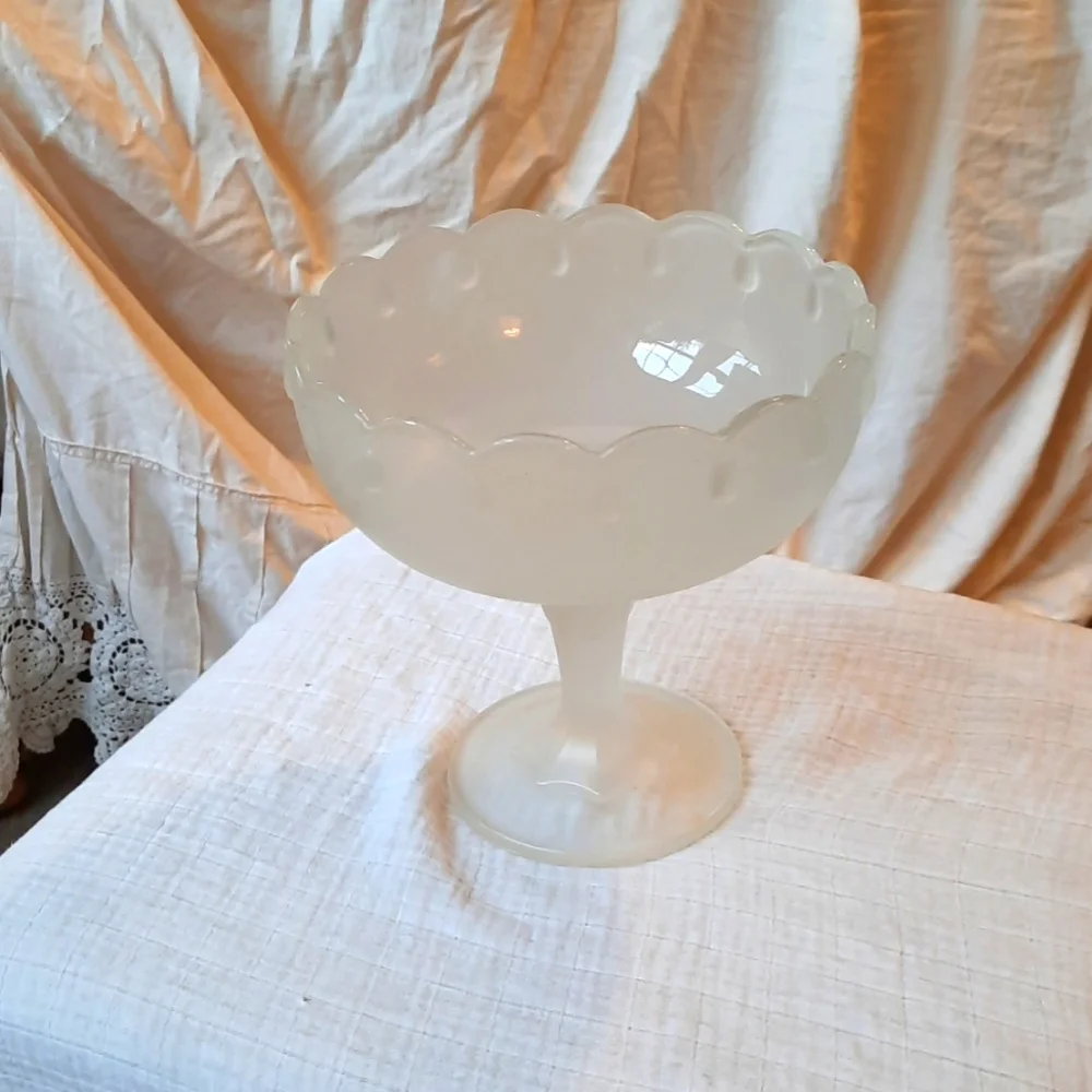 Large clear Frosted Vintage Indian glass open candy bowl on pedestal no chips